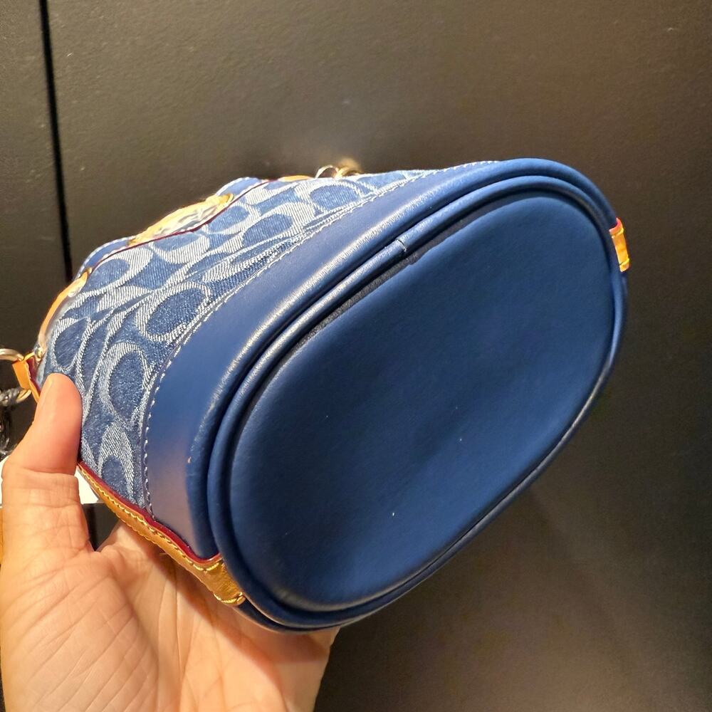 Coach Blue Denim Signature Drawstring Crossbody Bag with Tan Trim - Picture 6 of 12